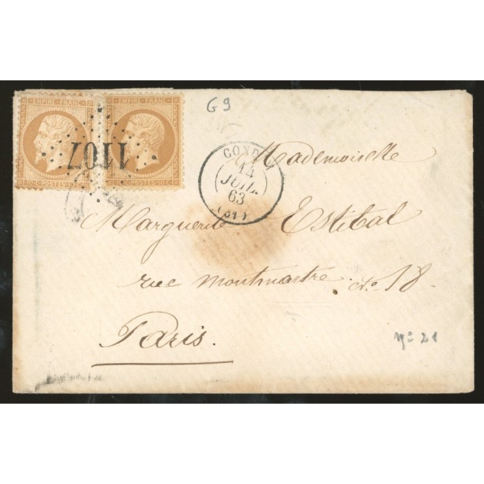 21 Oblitéré GC 1107 du 14/07/1863 - Depart Condom - 2 Timbres - Cote 43 Euros