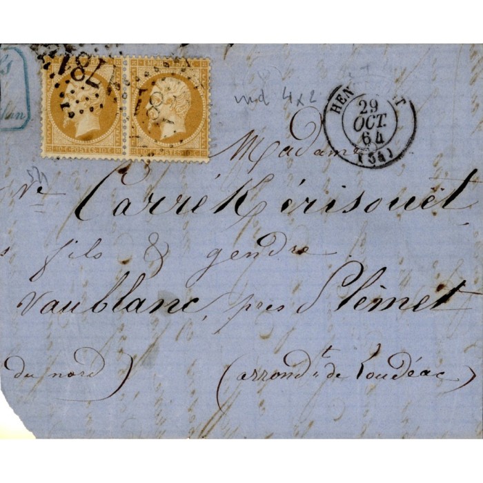21 Oblitéré GC 1781 du 29/10/1864 - Depart Hennebont - Paire - Cote 45 Euros