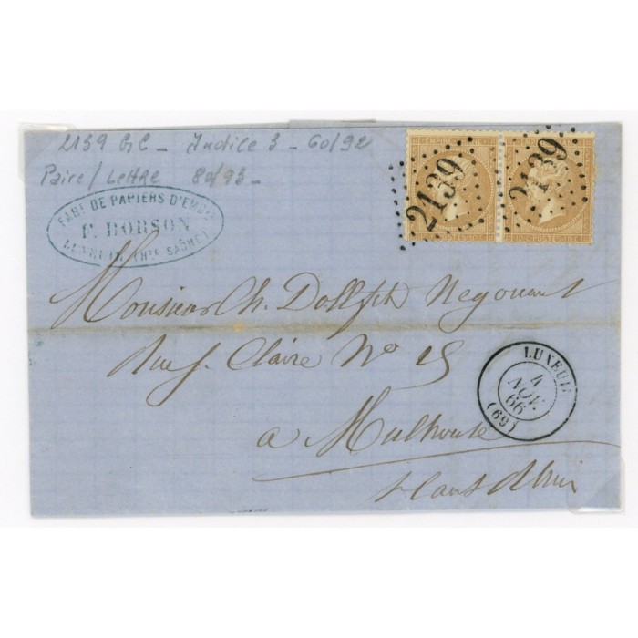 21 Oblitéré GC 2139 du 04/11/1866 - Depart Luxeuil (69) - Paire - Cote 43 Euros