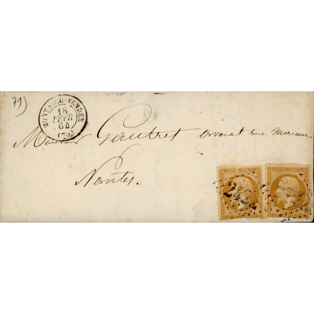21 Oblitéré GC 2422 du 18/02/1864 - Depart Montaigu Vendee - 2 Timbres - Cote 45 Euros