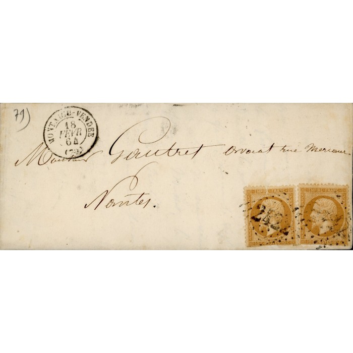 21 Oblitéré GC 2422 du 18/02/1864 - Depart Montaigu Vendee - 2 Timbres - Cote 45 Euros