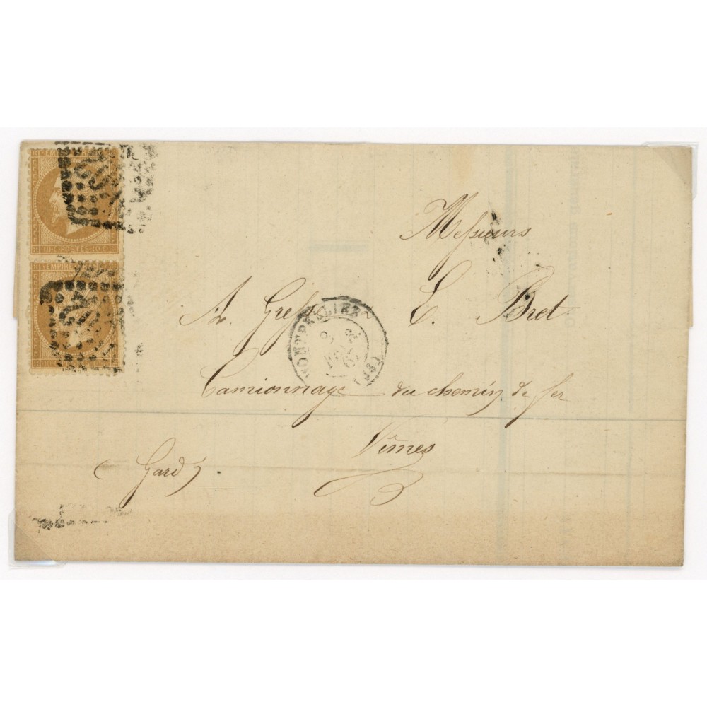 21 Oblitéré GC 2502 du 1867 - Depart Montpellier (33) - Paire verticale - Cote 43 Euros