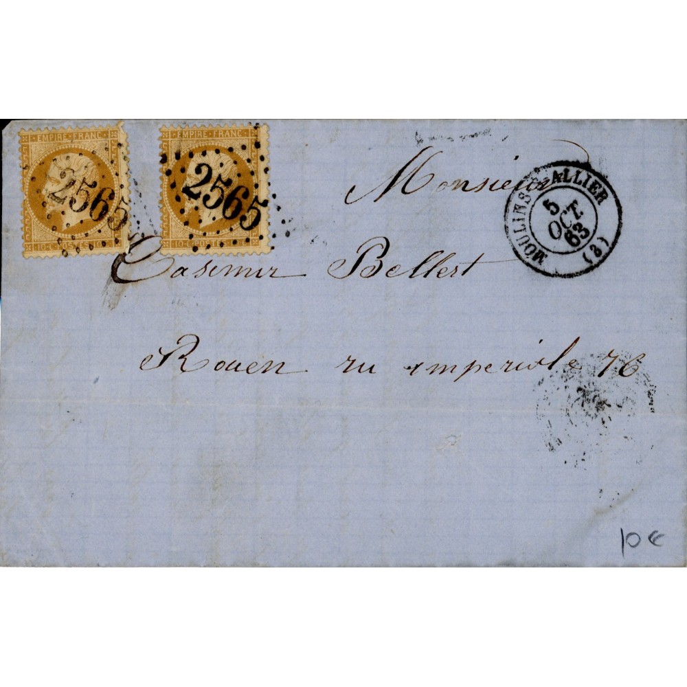 21 Oblitéré GC 2565 du 05/10/1865 - Depart Moulins sur Allier (3) - 2 Timbres - Cote 43 Euros