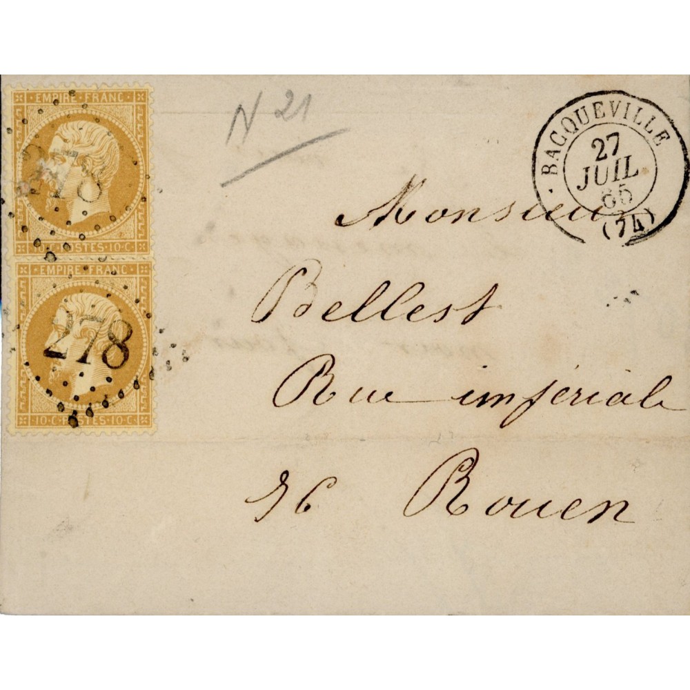 21 Oblitéré GC 278 du 27/07/1865 - Depart Bacqueville - 2 Timbres - Cote 45 Euros