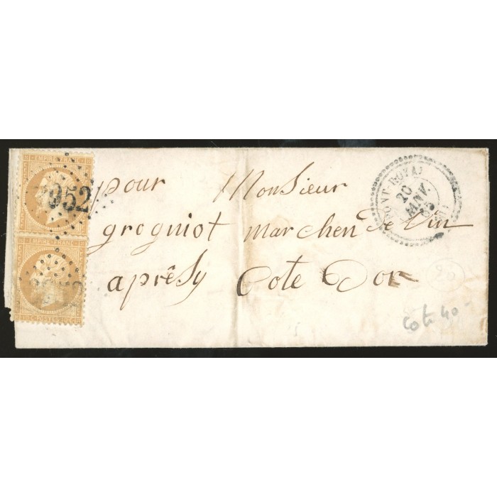 21 Oblitéré GC 2952 du 20/01/1865 - Depart Pont Royal - Paire verticale - Cote 55 Euros