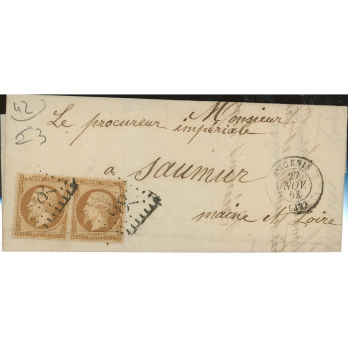 21 Oblitéré GC 88 du 27/11/1863 - Depart Angenis - Paire - Cote 43 Euros