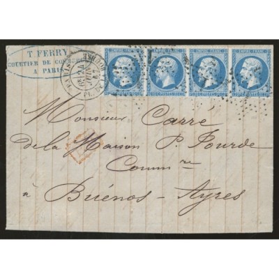 22 Oblitéré Etoile 1 du 24/06/1867 - Depart Paris (60) - Blande de 4 - PD rouge dans un rectangle - Cote 130 Euros