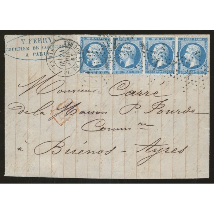 22 Oblitéré Etoile 1 du 24/06/1867 - Depart Paris (60) - Blande de 4 - PD rouge dans un rectangle - Cote 130 Euros