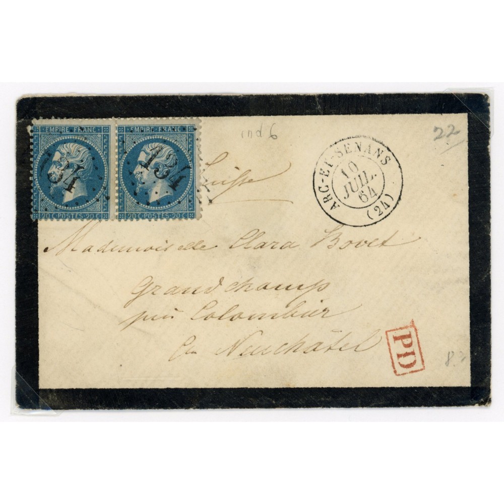 22 Oblitéré GC 134 du 10/07/1864 - Depart Arc et Senans (24) -   - Paire - Cote 55 Euros