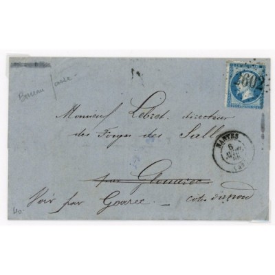 22 Oblitéré GC 2602 du 06/04/1868 - Depart Nantes (42) - Bx Passe verso - Cote 108 Euros