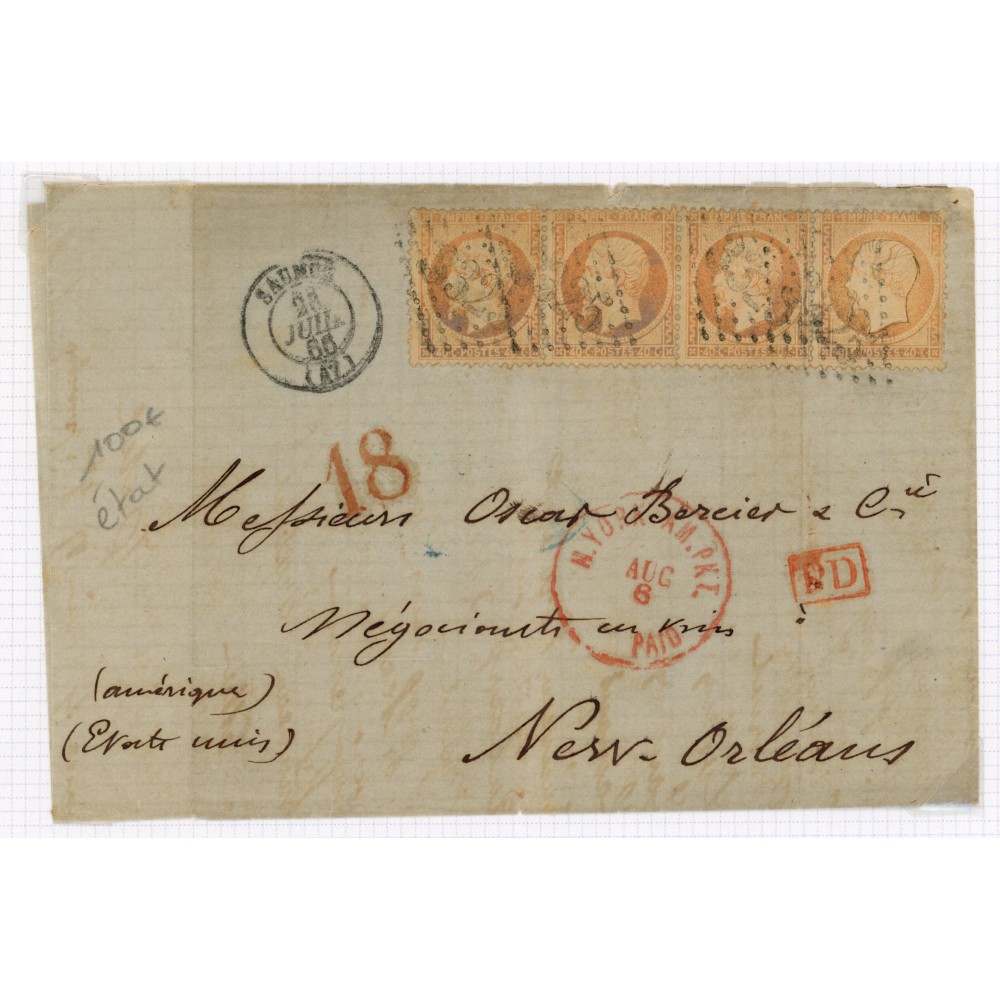 23 Oblitéré GC 3325 du 28/07/1866 - Depart Saumur (47) - 4 Timbres - Cote 173 Euros