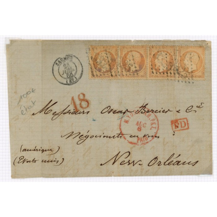 23 Oblitéré GC 3325 du 28/07/1866 - Depart Saumur (47) - 4 Timbres - Cote 173 Euros