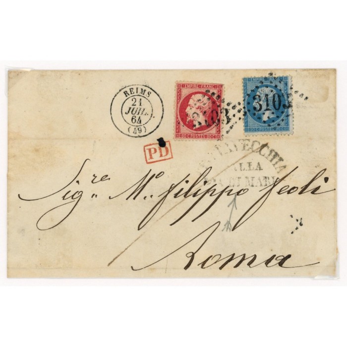 24 & 22 Oblitéré GC 3103 du 21/07/1864 - Depart Reims (49) -   - Cote 168 Euros