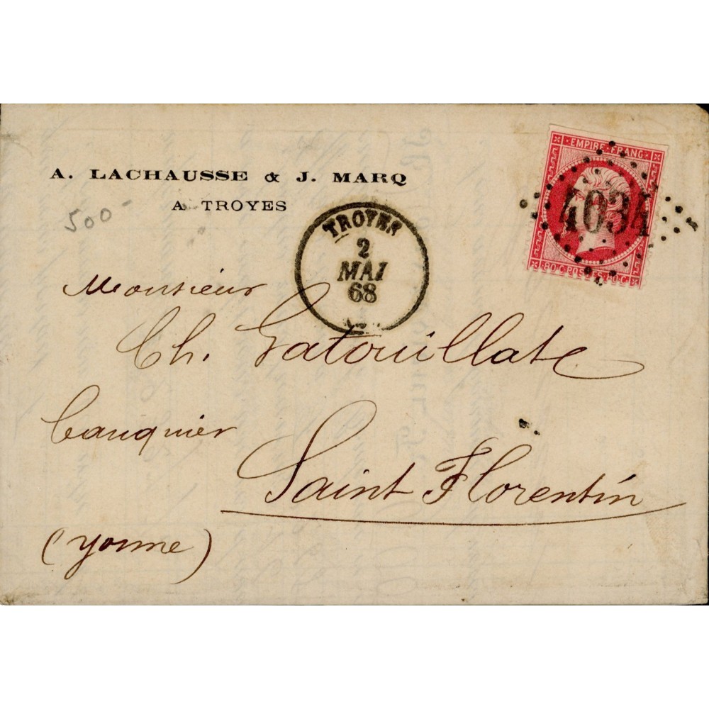 24 Oblitéré GC 4034 du 02/05/1868 - Depart Troyes (9) - Cote 103 Euros