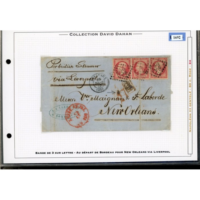 24 Oblitéré GC 532 du 1867 - Depart Bordeaux (32) - Bande de 3 - Cote 403 Euros