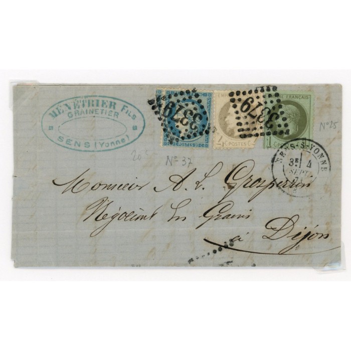 25 27 37 Oblitéré GC 3379 du 04/09/1870 - Depart Sens sur onne (83) - Cote 43 Euros