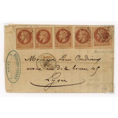 26 Oblitéré GC 2145 du 23/02/1868 - Depart Lyon (68) - 5 Timbres - Cote 453 Euros