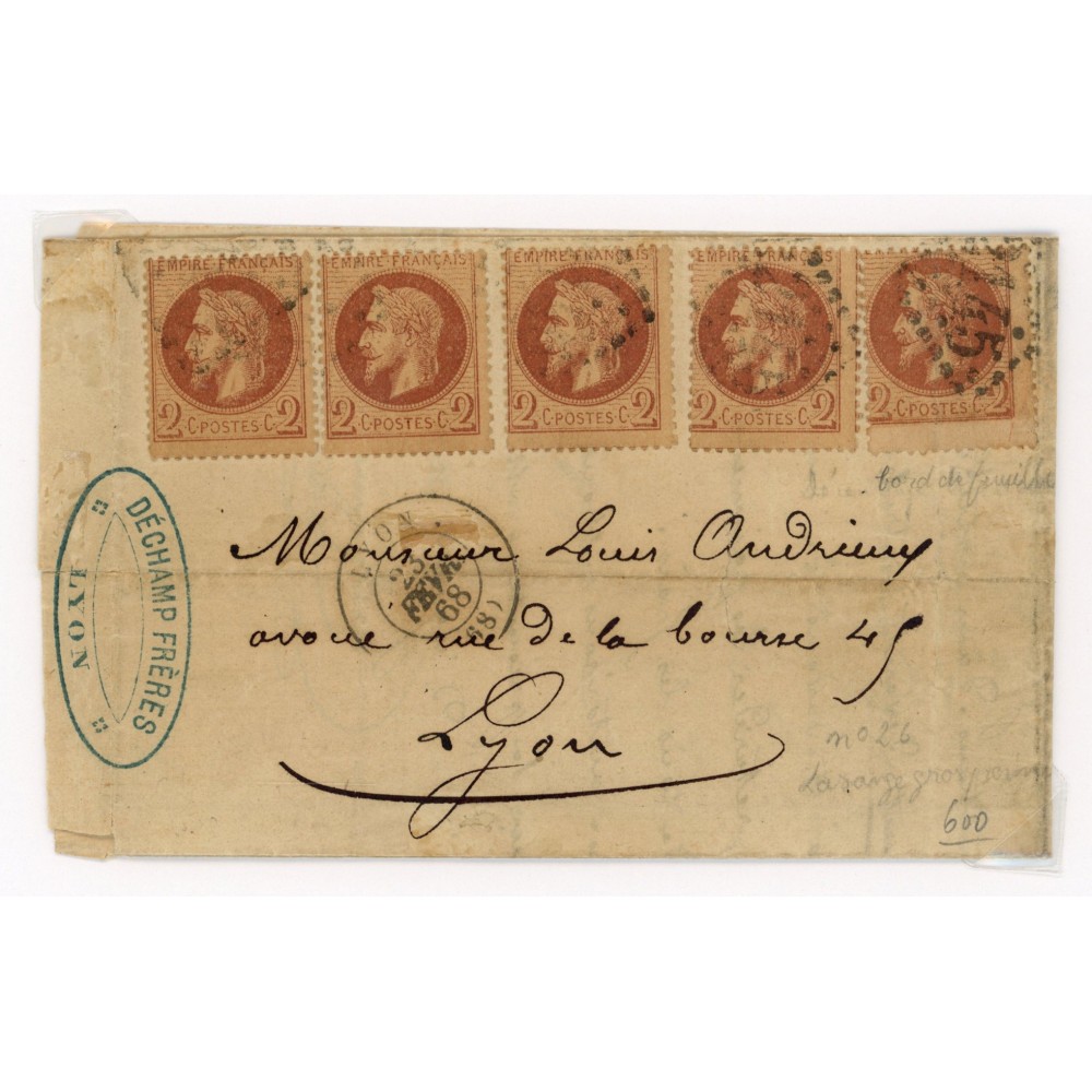 26 Oblitéré GC 2145 du 23/02/1868 - Depart Lyon (68) - 5 Timbres - Cote 453 Euros