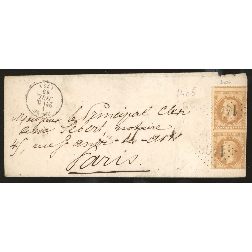 28 Oblitéré GC 1406 du 05/07/1869 - Depart Epone - Paire verticale - Cote 135 Euros