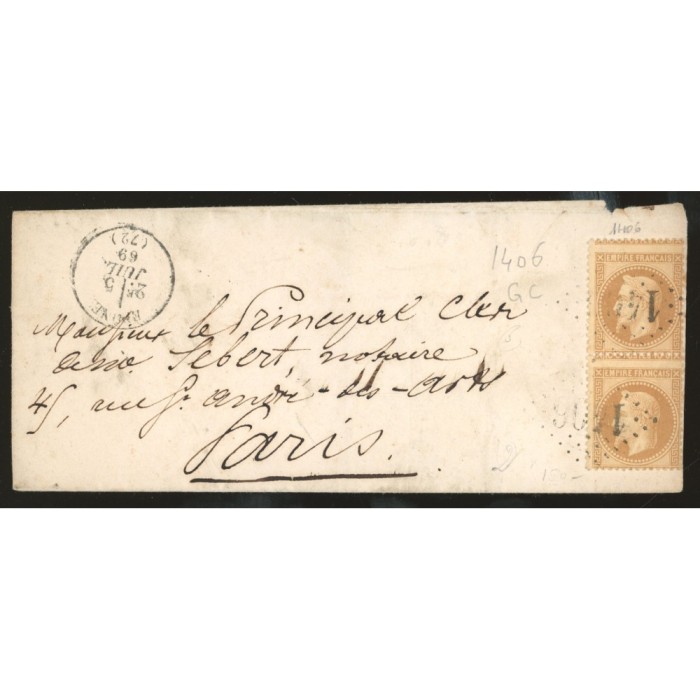 28 Oblitéré GC 1406 du 05/07/1869 - Depart Epone - Paire verticale - Cote 135 Euros