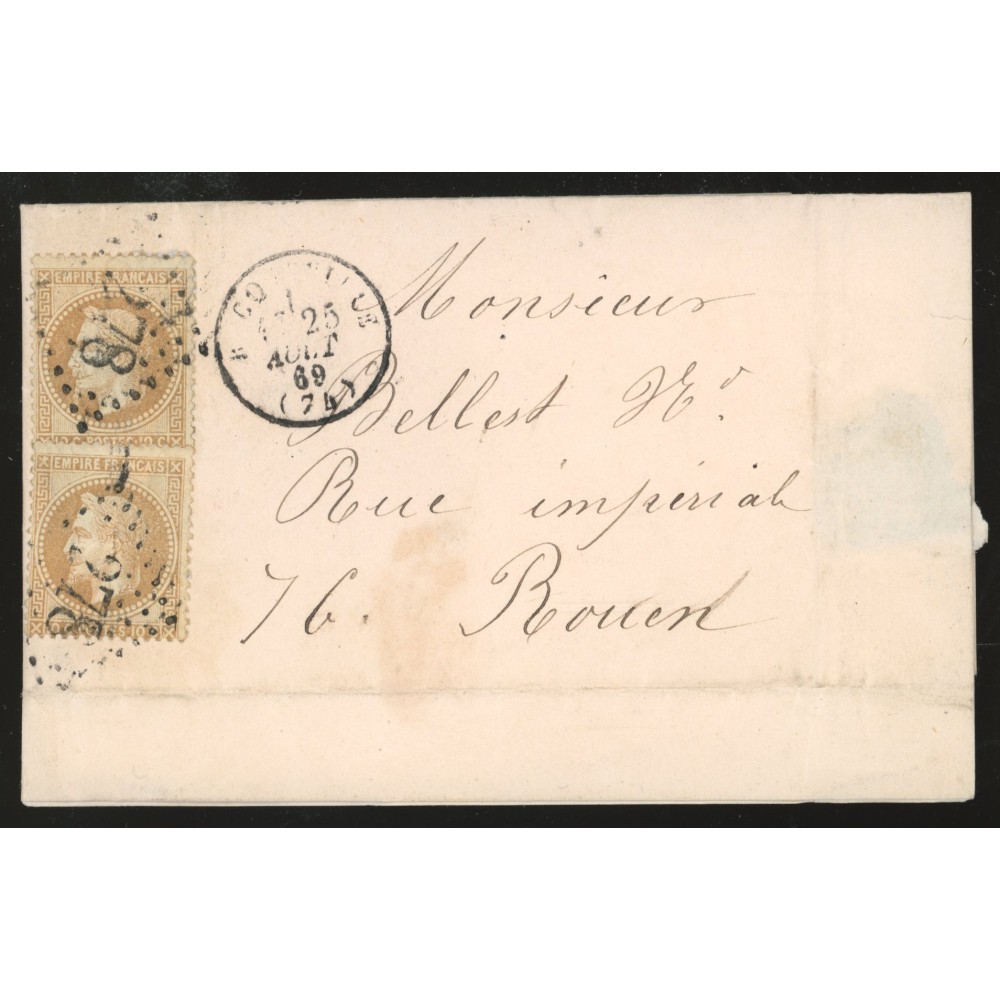 28 Oblitéré GC 278 du 25/08/1869 - Depart Bacqueville - 2 Timbres - Cote 135 Euros