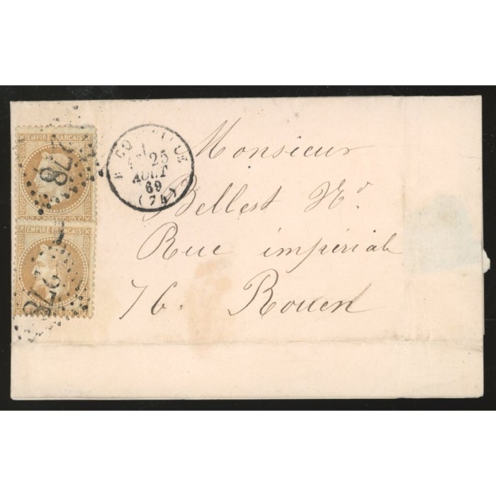 28 Oblitéré GC 278 du 25/08/1869 - Depart Bacqueville - 2 Timbres - Cote 135 Euros