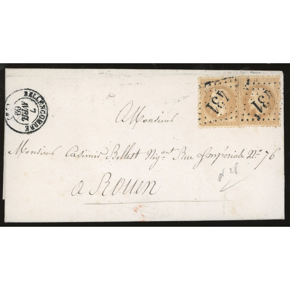 28 Oblitéré GC 431 du 07/04/1869 - Depart Bellencombre - 2 Timbres - Cote 145 Euros