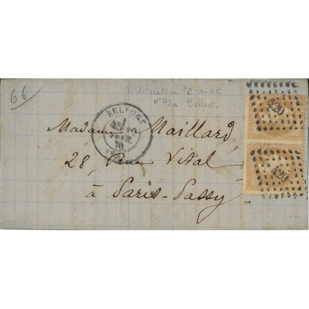 28 Oblitéré PC 420 du 10/02/1870 - Depart Belfort - Paire - Cote 133 Euros