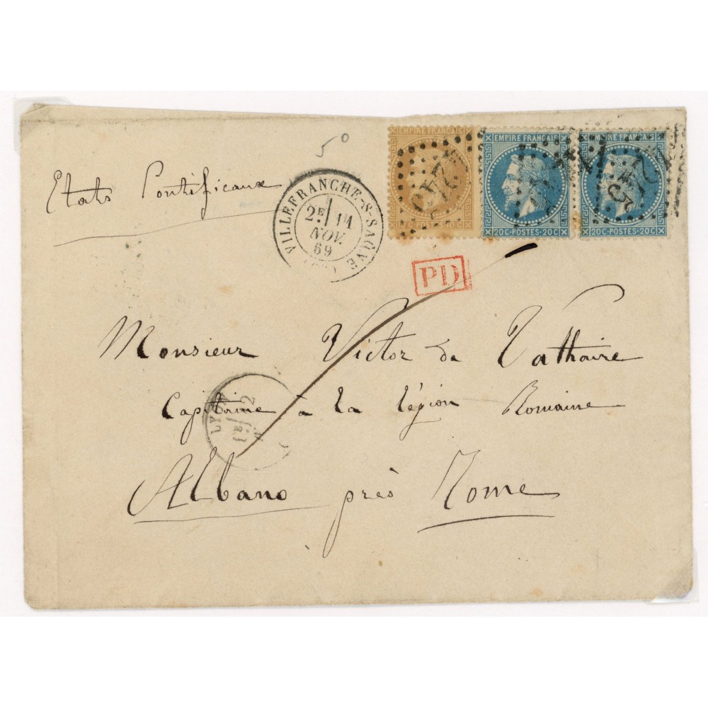 28A & 29B Oblitéré GC 4245 du 11/11/1869 - Depart Villefranche sur Saone (68) -   - Cote 98 Euros