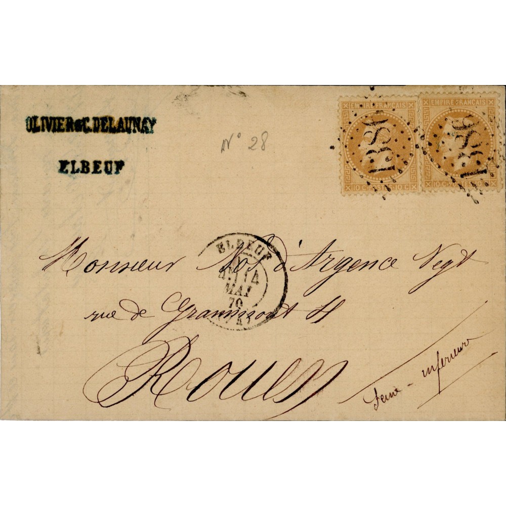 28A Oblitéré GC 1386 du 04/05/1870 - Depart Elbeuf (74) - 2 Timbres - Cote 73 Euros
