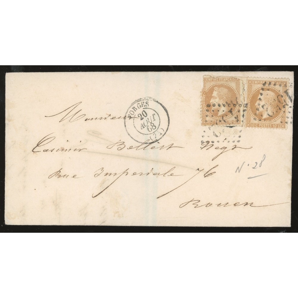 28A Oblitéré GC 1552 du 20/08/1868 - Depart Forges - 2 Timbres - Cote 75 Euros