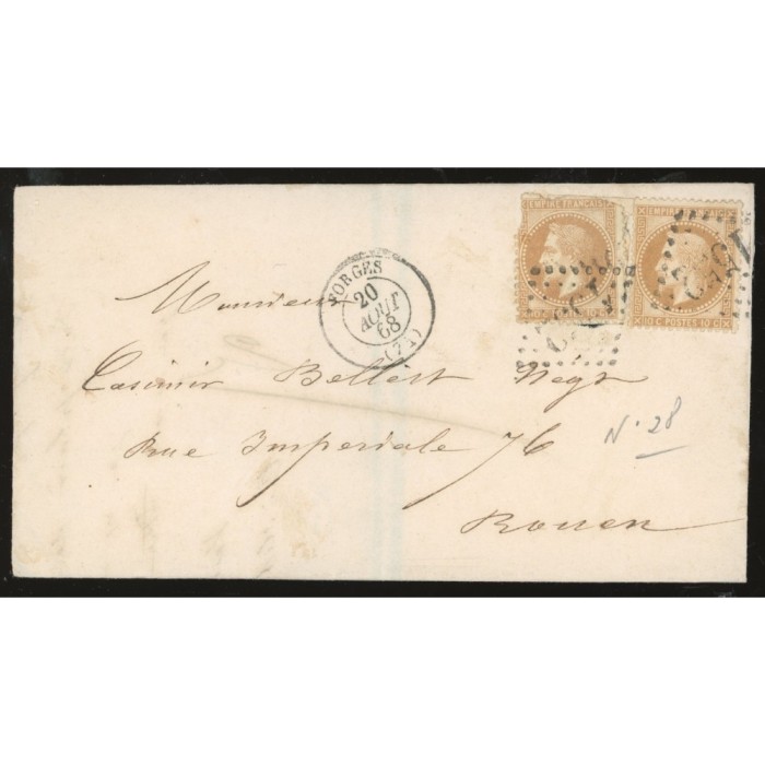 28A Oblitéré GC 1552 du 20/08/1868 - Depart Forges - 2 Timbres - Cote 75 Euros