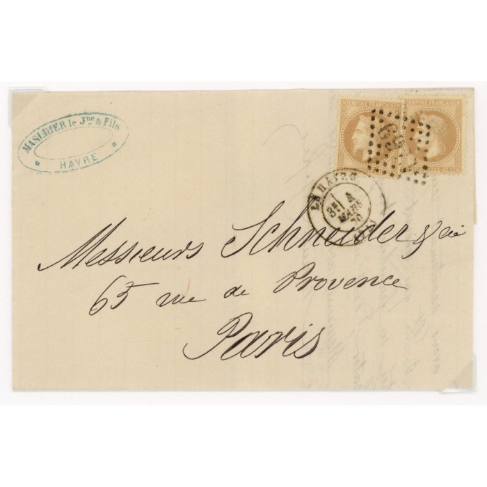 28A Oblitéré GC 1769 du 01/03/1870 - Depart Le Havre (74) - 2 Timbres - Cote 73 Euros
