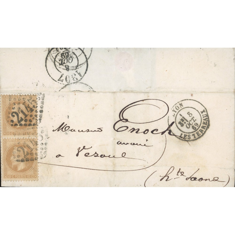 28A Oblitéré GC 2145 du 08/10/1869 - Depart Lyon (Les Terreaux) - Bx de Passe 1307 - Paire verticale - Cote 173 Euros