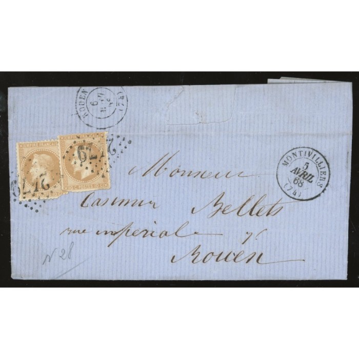 28A Oblitéré GC 2479 du 05/04/1868 - Depart Montvilliers - 2 Timbres - Cote 75 Euros
