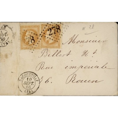 28A Oblitéré GC 278 du 10/09/1868 - Depart Bacqueville - 2 Timbres - Cote 75 Euros