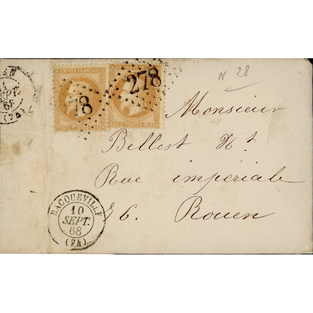 28A Oblitéré GC 278 du 10/09/1868 - Depart Bacqueville - 2 Timbres - Cote 75 Euros