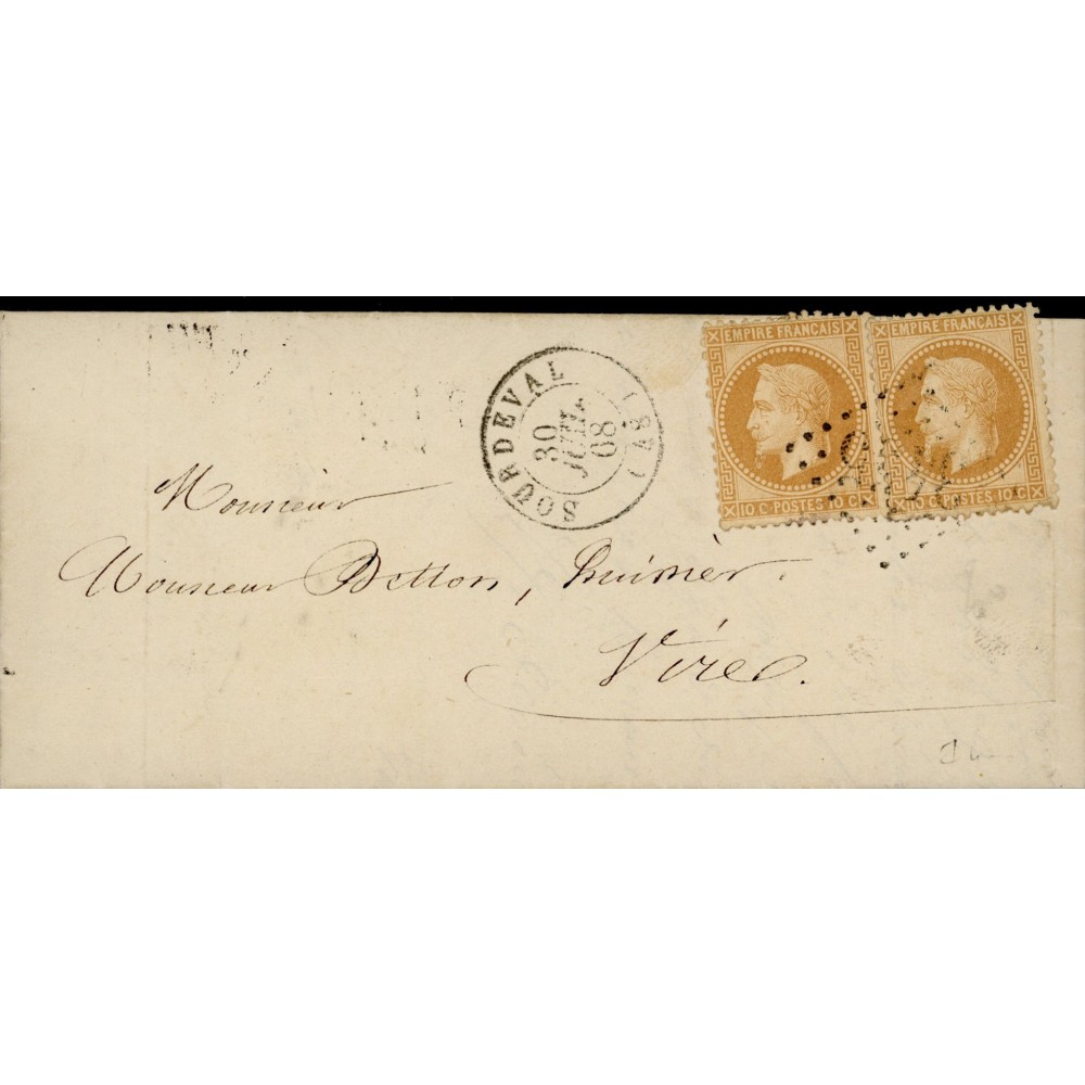 28A Oblitéré GC 3455 du 30/06/1868 - Depart Sourdeval - 2 Timbres - Cote 75 Euros