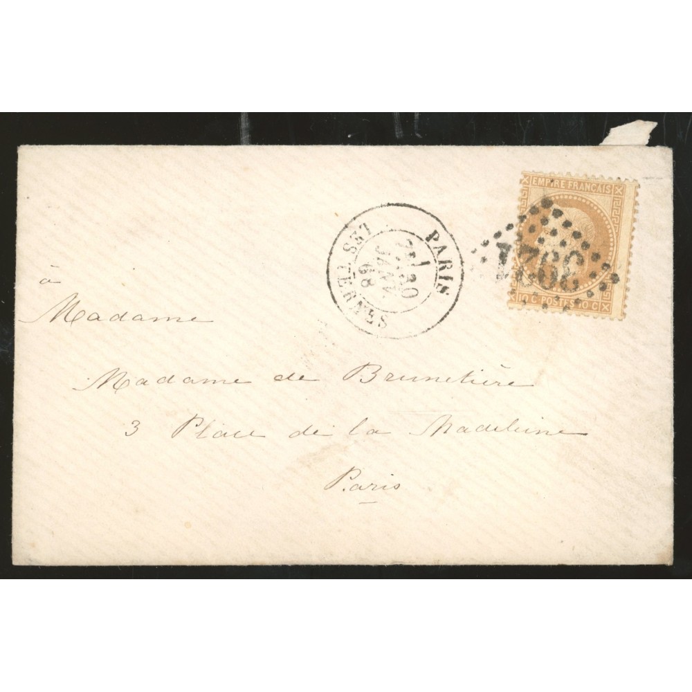 28A Oblitéré GC 3921 du 30/01/1868 - Depart Paris - Les Ternes - Piquage decalé - Cote 41 Euros