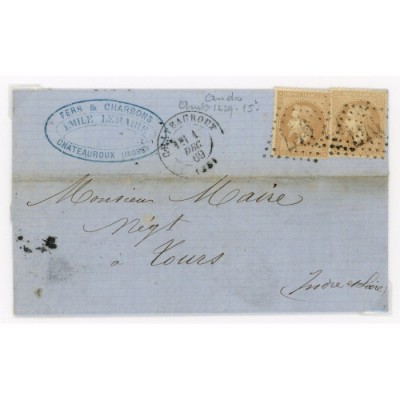 28A Oblitéré GC 947 du 01/12/1869 - Depart Chateauroux (35) - 2 Timbres - Cote 73 Euros