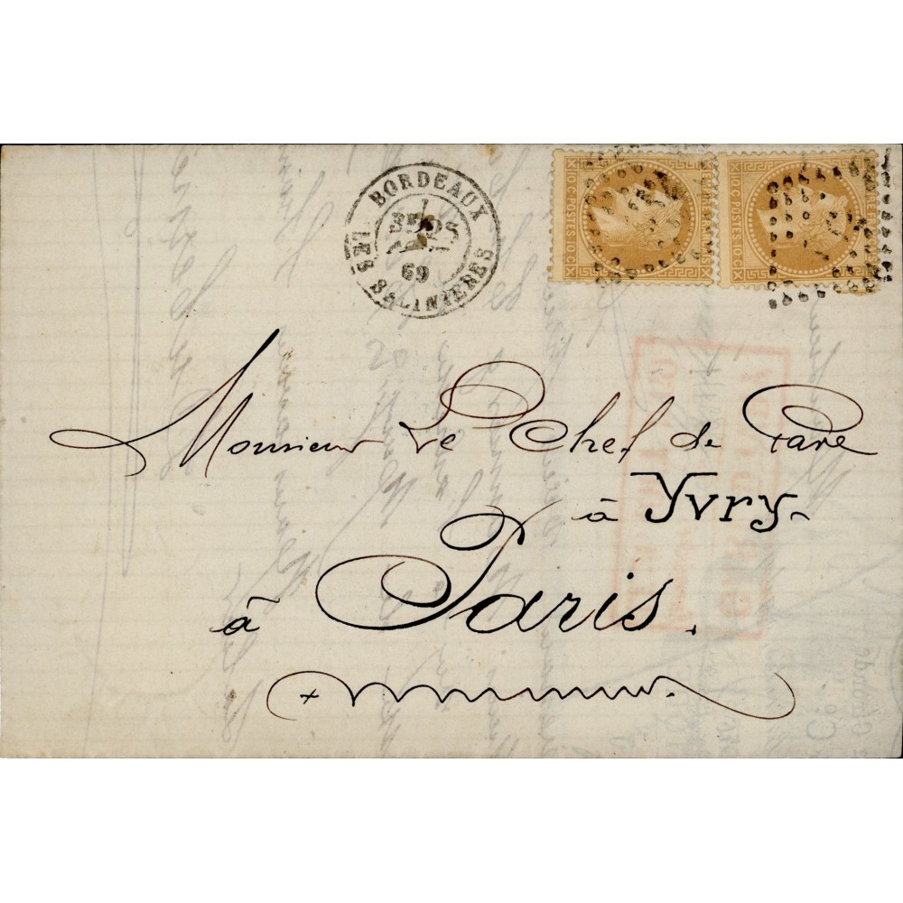 28A Oblitéré Losange du 1869 - Depart Bordeaux (32) - Paire verticale - Cote 70 Euros