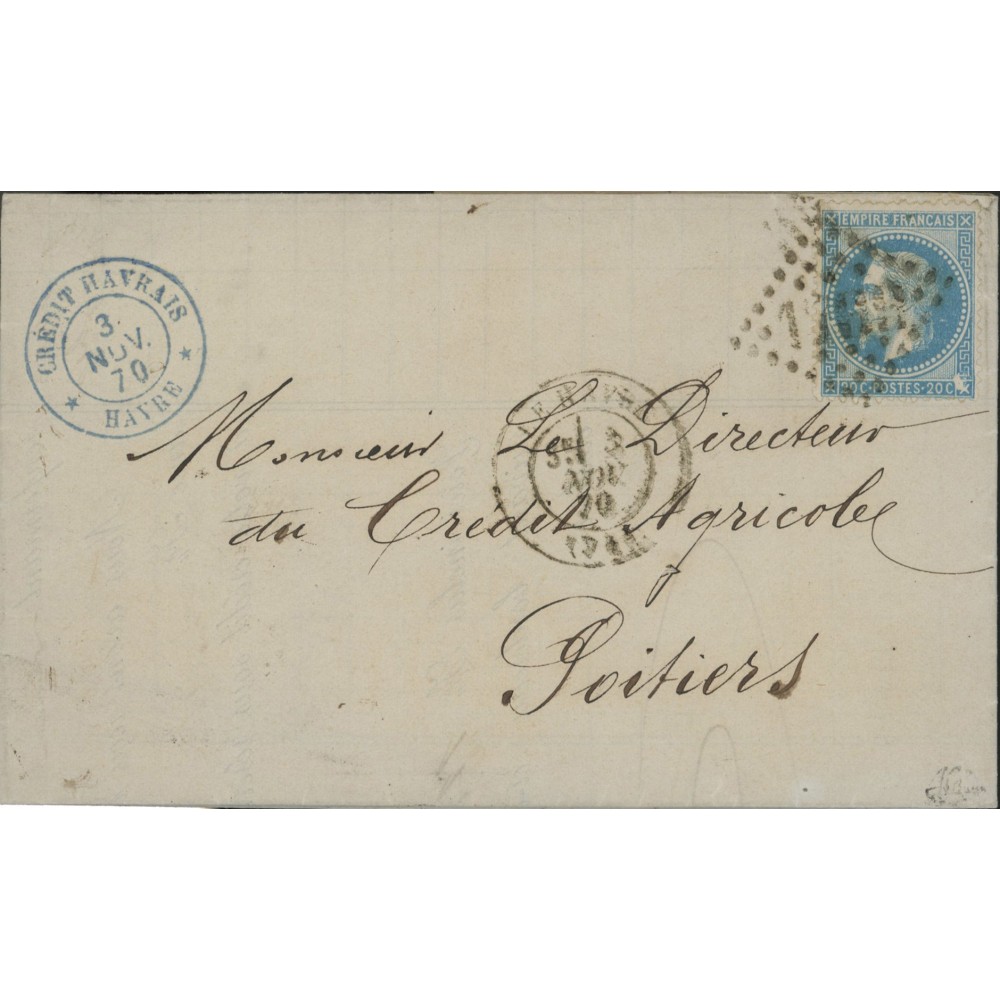 29 Oblitéré  du 03/11/1870 - Depart Le Havre (74) - Variete  Aux Abeilles  Signé Brun - Cote 1000 Euros