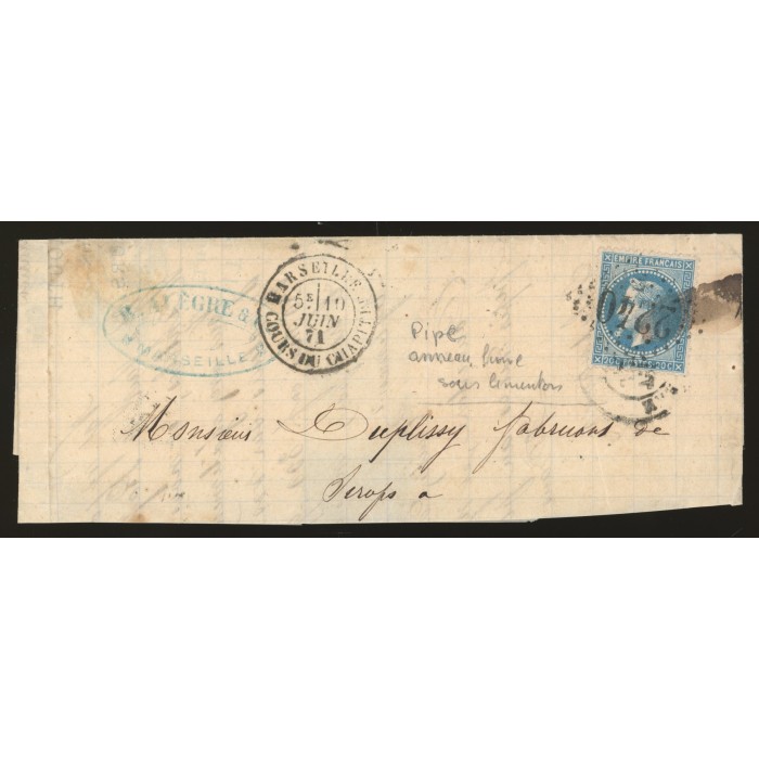 29B Oblitéré GC 2240 du 10/06/1871 - Depart Marseille (12) - Variété Anneau Lune sous le menton - Cote 48 Euros