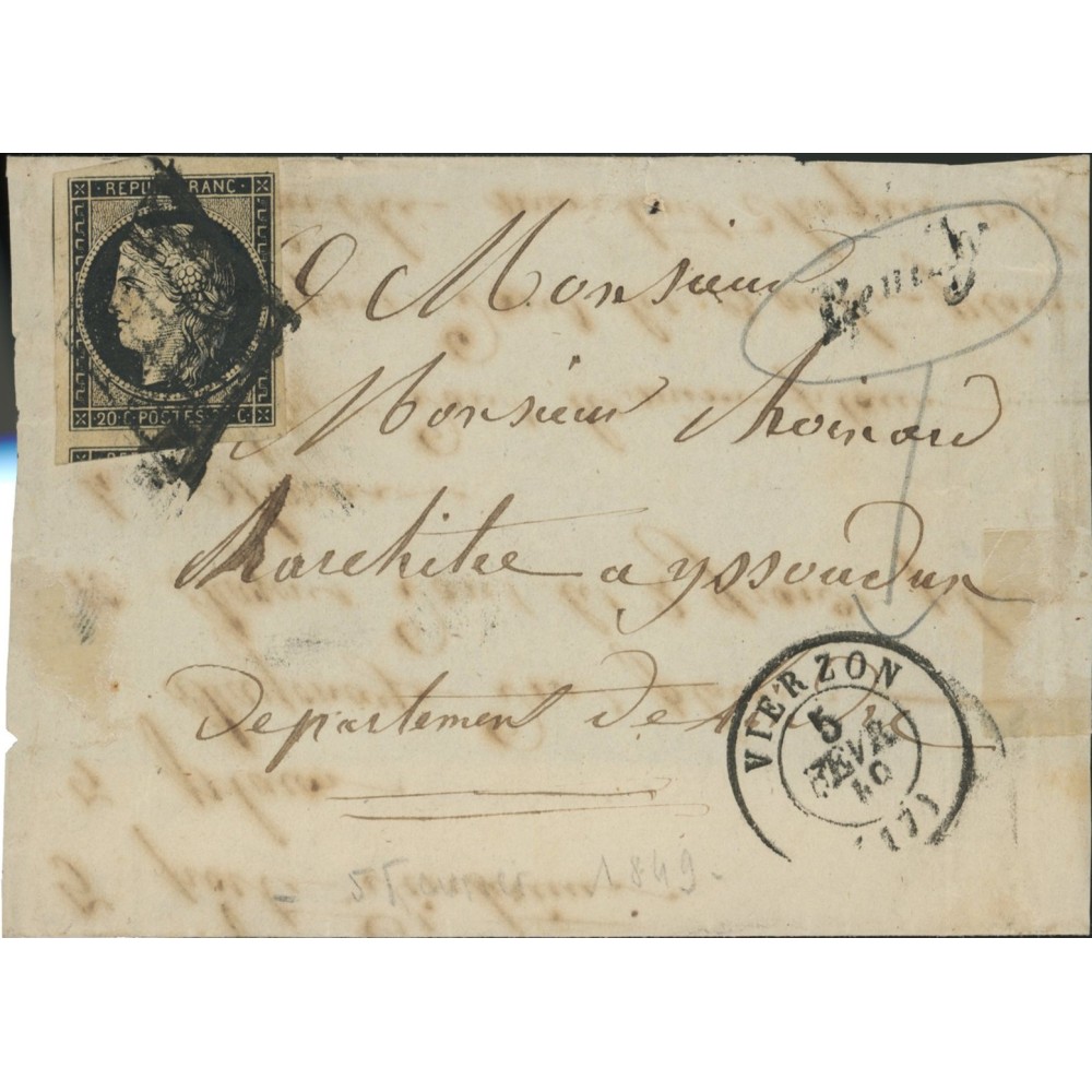 3 Oblitéré Grille du 05/02/1849 - Depart Vierzon (17) - Cote 120 Euros