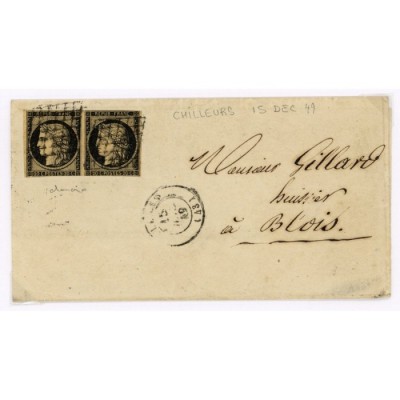 3 Oblitéré Grille du 15/12/1849 - Depart Chilleurs (43) - Paire - Cote 300 Euros