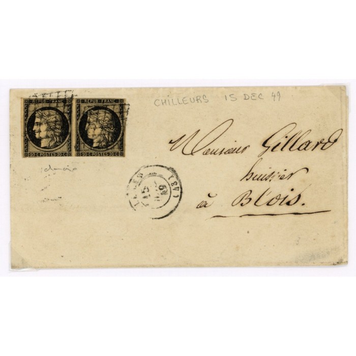 3 Oblitéré Grille du 15/12/1849 - Depart Chilleurs (43) - Paire - Cote 300 Euros