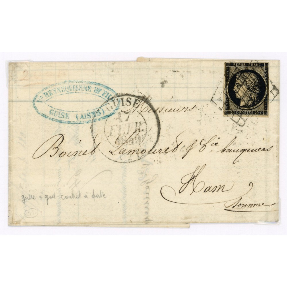 3 Oblitéré Grille du 17/02/1849 - Depart Guise (2) - Cote 120 Euros