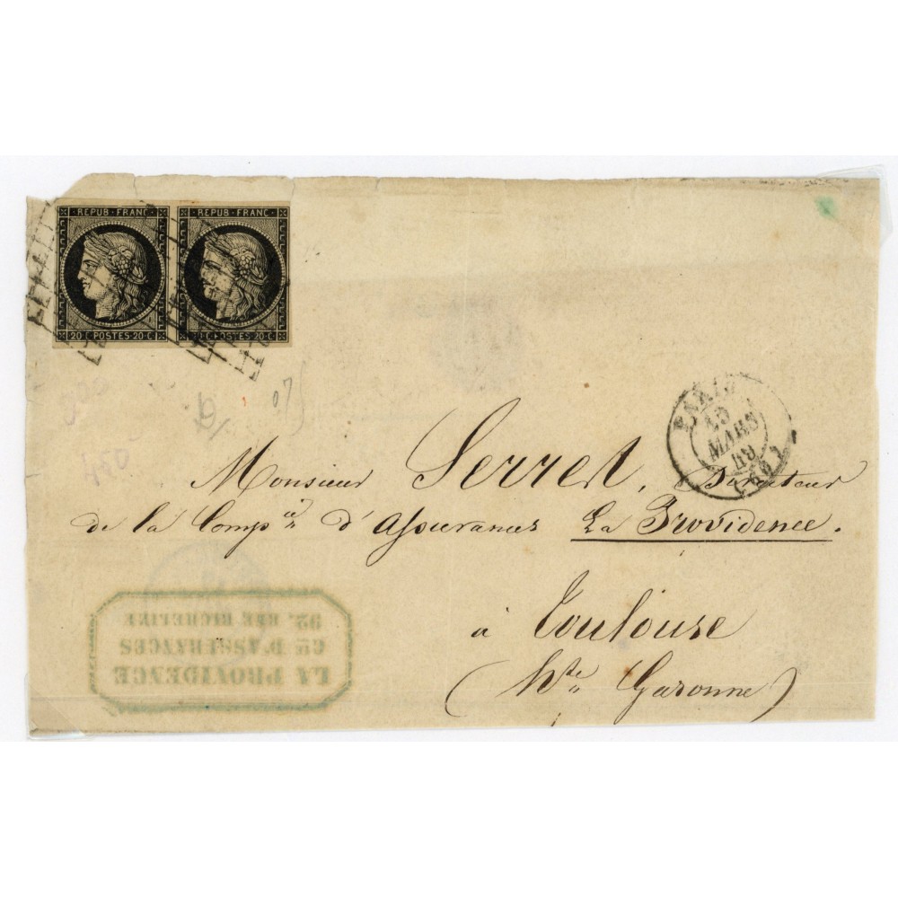 3 Oblitéré Grille du 19/03/1849 - Depart Paris (60) - Paire - Cote 300 Euros