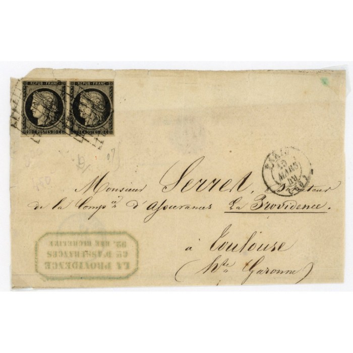 3 Oblitéré Grille du 19/03/1849 - Depart Paris (60) - Paire - Cote 300 Euros