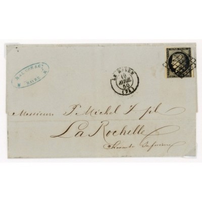 3 Oblitéré Grille du 19/04/1850 - Depart Le Havre (74) - Cote 120 Euros